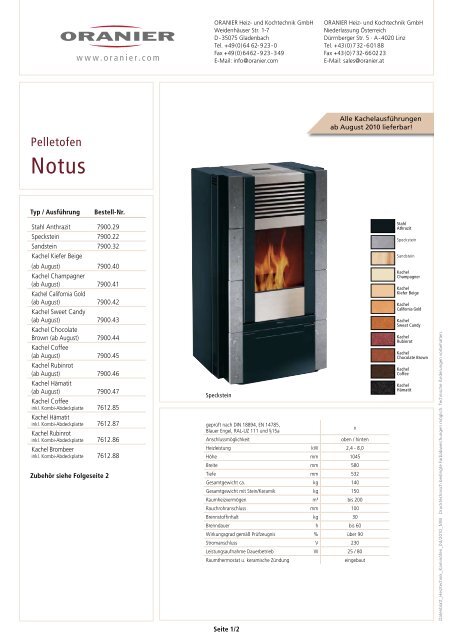 Datenblatt Oranier Notus Pelletofen - Feuerdepot.de