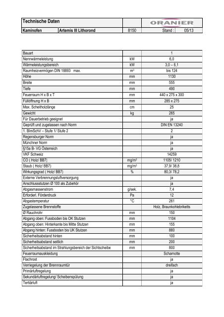 Technische Daten Oranier Artemis Lithorond - Feuerdepot.de