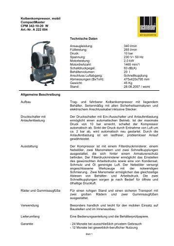 Kolbenkompressor, mobil CompactMaster CPM 342-10-20 W Art.-Nr ...