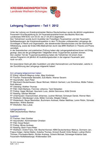 KREISBRANDINSPEKTION Lehrgang Truppmann – Teil 1 2012