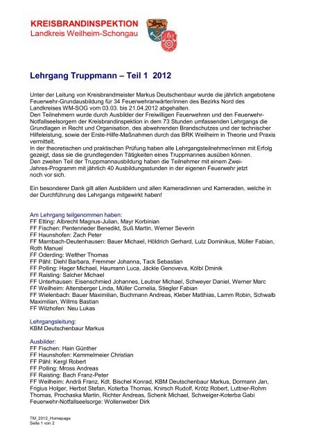 KREISBRANDINSPEKTION Lehrgang Truppmann – Teil 1 2012
