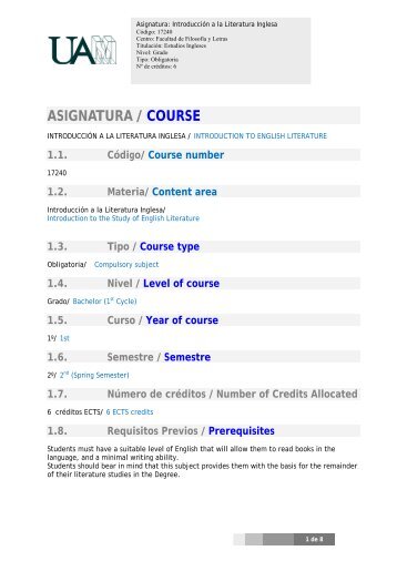 ASIGNATURA / COURSE - Facultad de Filosofía y Letras