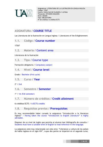 ASIGNATURA / COURSE TITLE 1.1. Código / Course number 1.2 ...