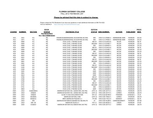 FLORIDA GATEWAY COLLEGE FALL 2012 TEXTBOOK LIST ...