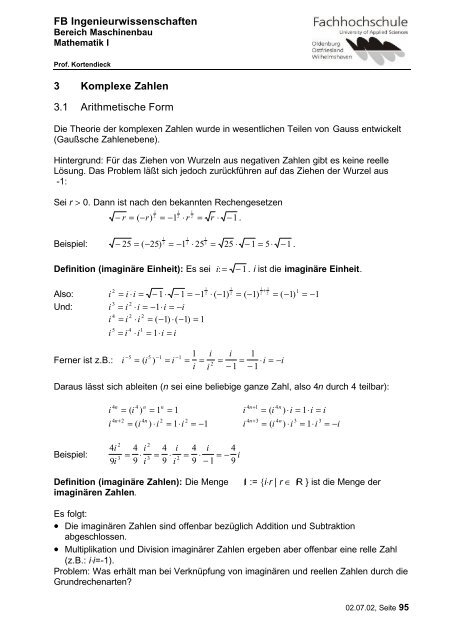 FB Ingenieurwissenschaften 3 Komplexe Zahlen 3.1 Arithmetische ...