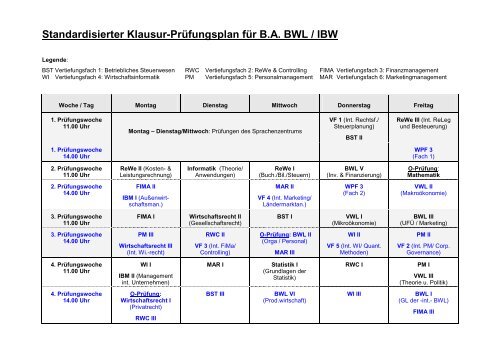 Standardisierter Klausur-Prüfungsplan für B.A. BWL / IBW