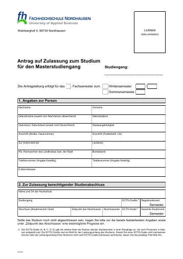 Zulassungsantrag alle Master -2013 - Fachhochschule Nordhausen