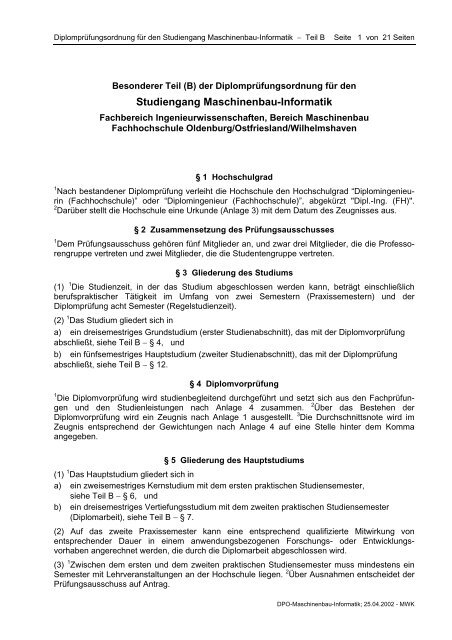 Anlagen zur Diplomprüfungsordnung Elektrotechnik - Teil B