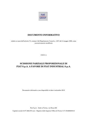 DOCUMENTO INFORMATIVO SCISSIONE PARZIALE ... - Fiat SpA