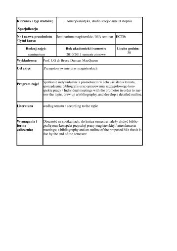 Kierunek i typ studiów; Specjalizacja Amerykanistyka, studia ...