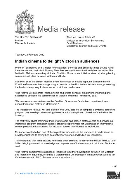 Feb 2012 MEDIA RELEASE Indian cinema to delight - Film Victoria