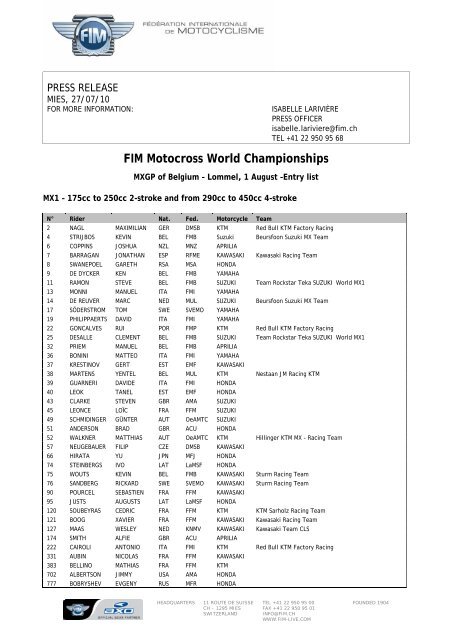 FIM Motocross World Championships - Entry list -MXGP of Belgium