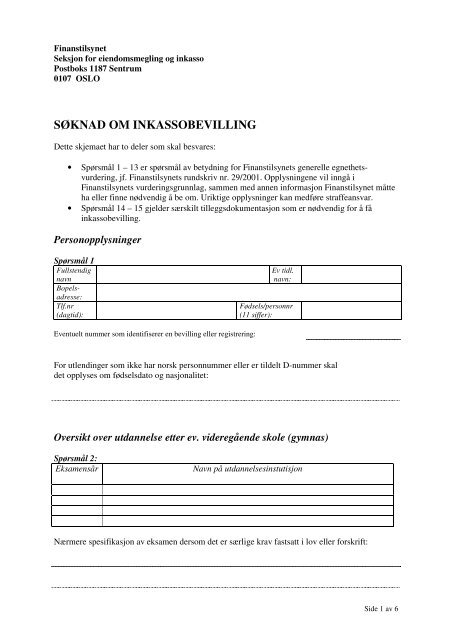 Søknad til finanstilsynet Søknad til finanstilsynet