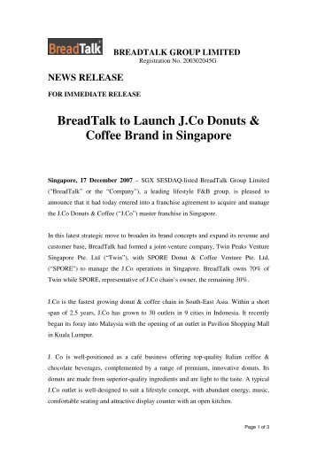 BreadTalk to Launch J.Co Donuts & Coffee Brand in Singapore