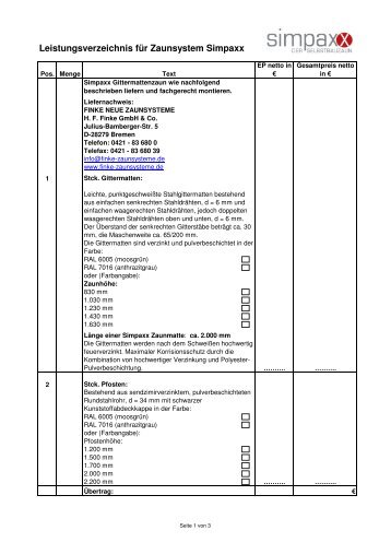 Ausschreibungstext - Finke Neue ZaunSysteme