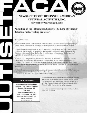 newsletter of the finnish american cultural activities