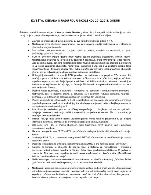 Godišnji izveštaj o radu FDU - 2010/2011.