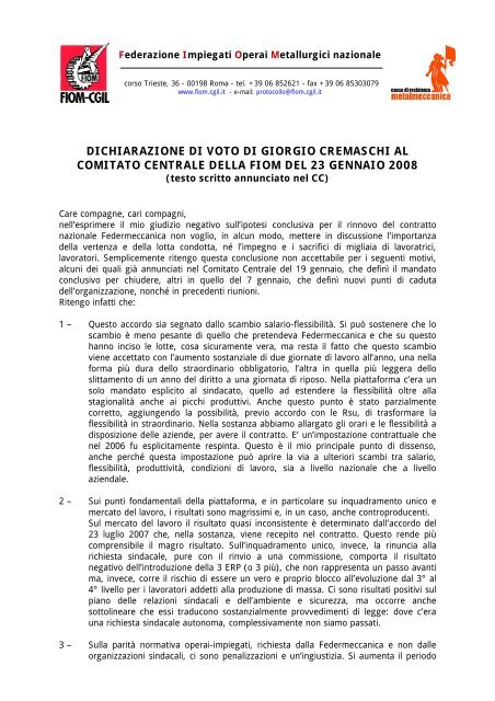 DICHIARAZIONE DI VOTO DI GIORGIO CREMASCHI ... - Fiom - Cgil