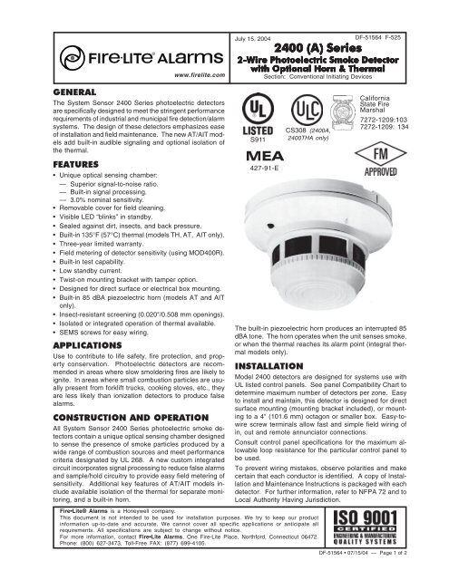 System Sensor 2400 Smoke Detector 
