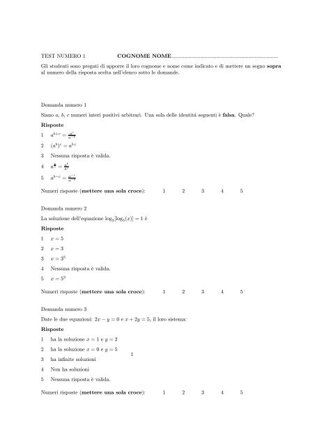 esempio di Test a risposte multiple - Fisica