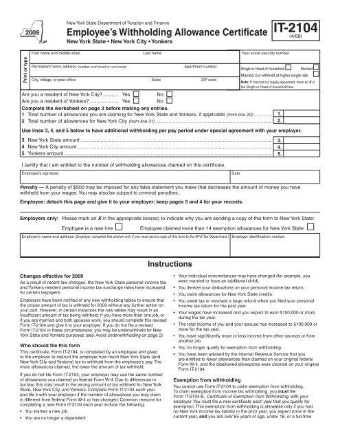 Form IT-2104:4/09:Employee's Withholding Allowance Certificate ...