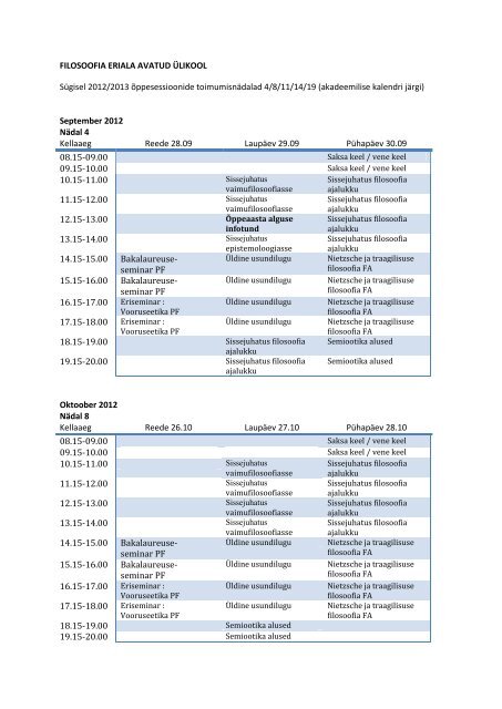 FILOSOOFIA ERIALA AVATUD ÜLIKOOL Sügisel 2012/2013 ...