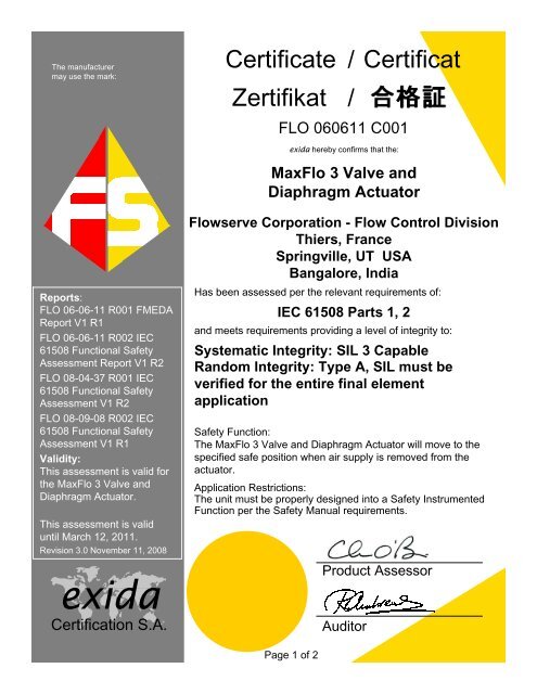 Valtek MaxFlo 3 Valve SIL Certificate - Flowserve Corporation