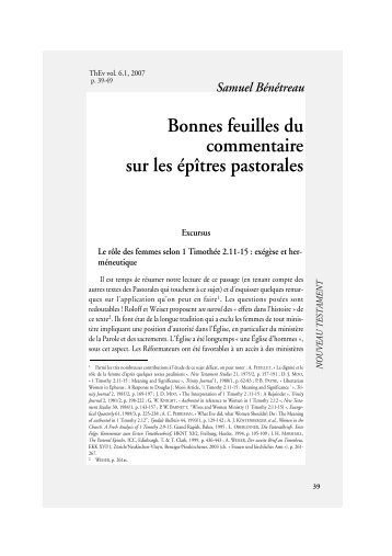 Bonnes feuilles du commentaire sur les épîtres pastorales