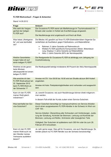 FLYER Werkverkauf – Fragen & Antworten Stand 14.09.2012 Frage ...