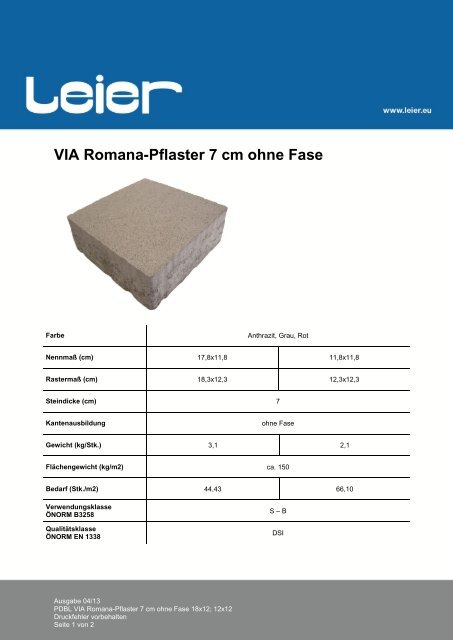 VIA RomanaPflaster 7 cm ohne Fase LEIER
