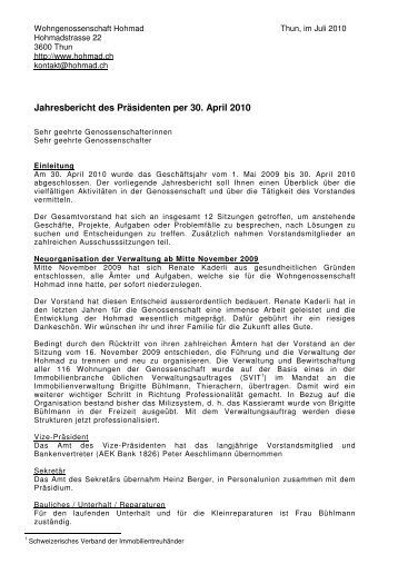 Jahresbericht des Präsidenten per 30. April 2010 - hohmad.ch