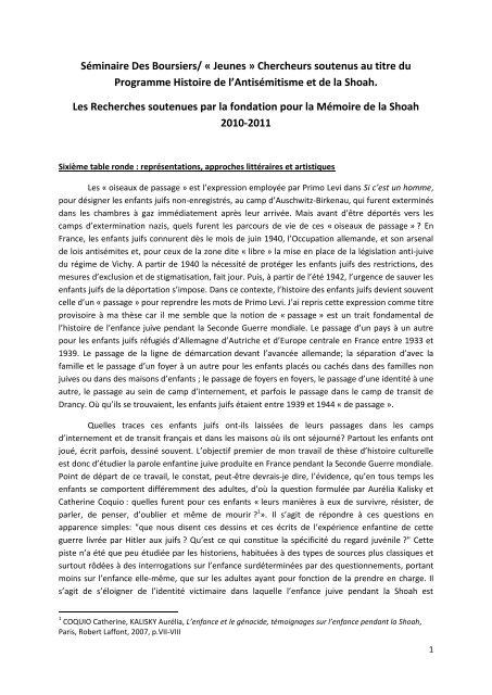 Resume Une Jeunesse Au Temps De La Shoah Résumé de l'intervention - Fondation pour la Mémoire de la Shoah