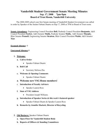 Vanderbilt Student Government Senate Meeting Minutes