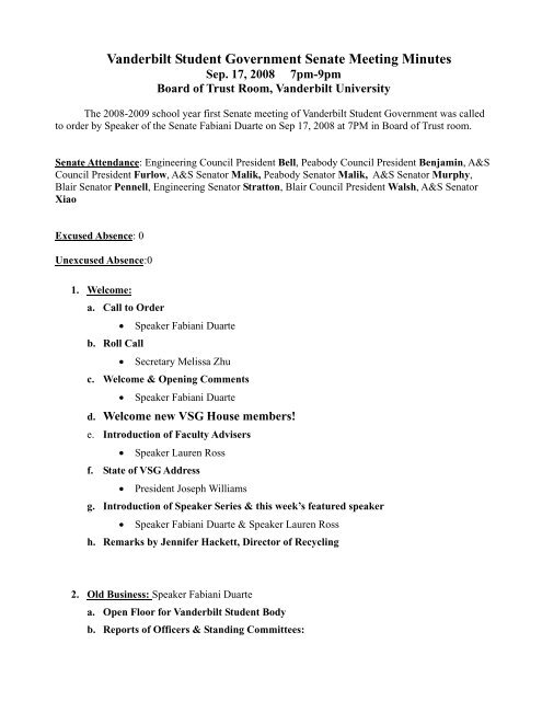 Vanderbilt Student Government Senate Meeting Minutes