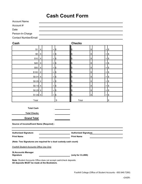 Cash Count Form - Foothill College