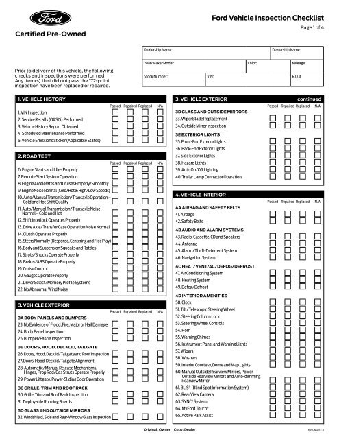 Car Inspection Checklist >> Ford Vehicle Inspection Checklist Car Inspection Checklist >> Ford Vehicle Inspection Checklist