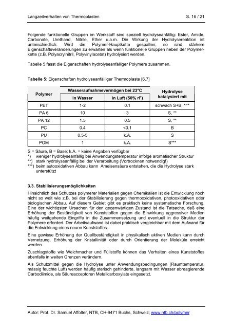 Langzeitverhalten von Thermoplasten - NTB