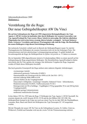 Verstärkung für die Rega: Der neue Gebirgshelikopter AW Da Vinci