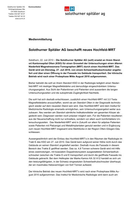Solothurner Spitäler AG beschafft neues Hochfeld-MRT
