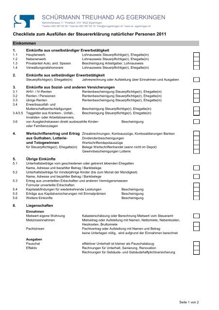 Checkliste für die Steuererklärung natürlicher Personen 2011