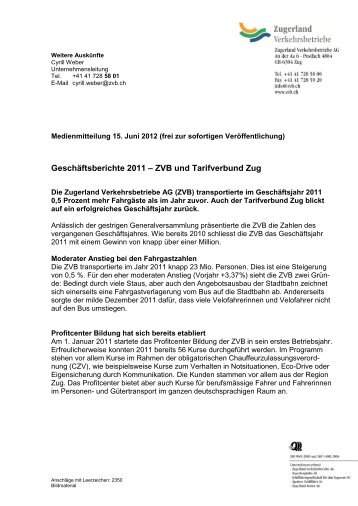 Geschäftsberichte 2011 – ZVB und Tarifverbund Zug