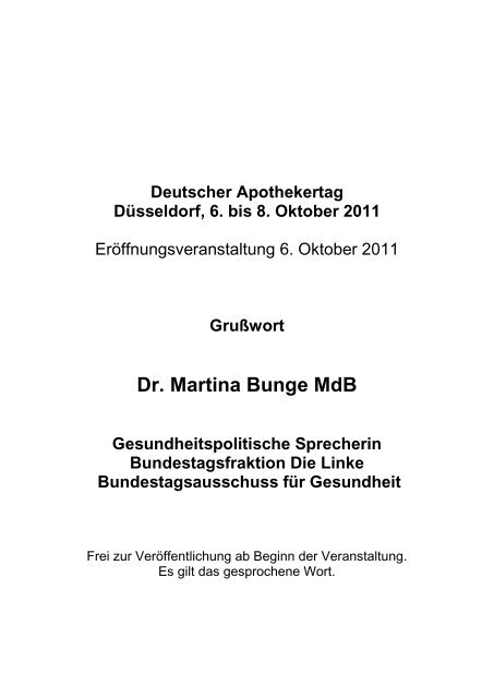 Dr. Martina Bunge MdB, Bundestagsfraktion Die Linke ...
