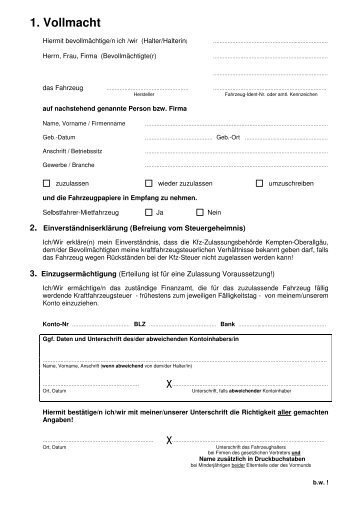 Vollmacht Für Die Zulassung Eines Fahrzeugs Vollmacht Für Zulassungsstelle Adressänderung