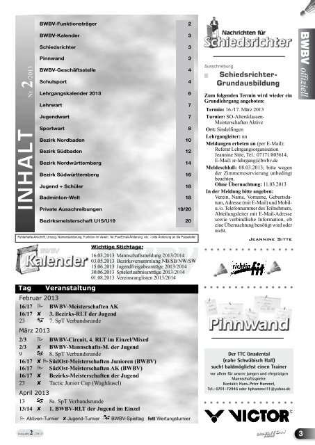 Heft 02/2013 - Baden - Württembergischer Badminton - Verband