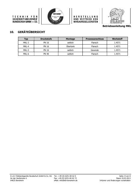 Betriebsanleitung MKL - E.L.B. Füllstandsgeräte Bundschuh GmbH+ ...