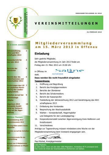 Vereinsmitteilung 01 2013 - Jägervereinigung Kreis Heilbronn eV