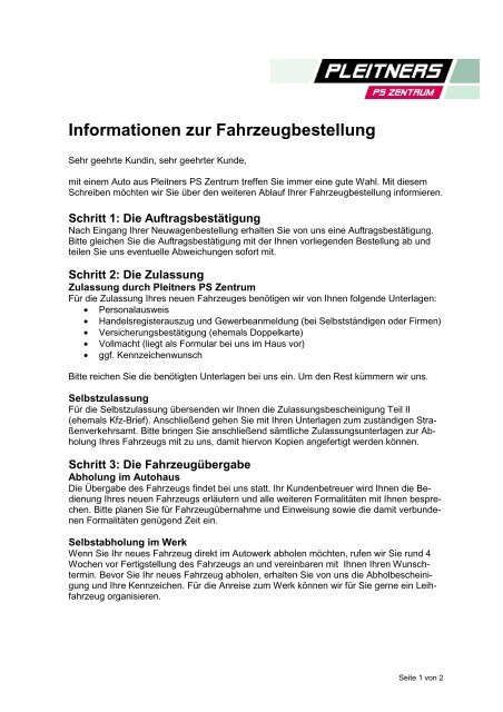 Pleitner Kundeninfo Fahrzeugbestellung - Pleitners PS Zentrum