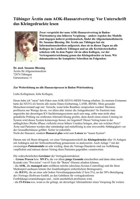Trotz Hausarztvertrag Zu Einem Anderen Arzt Tübinger Ärztin zum AOK-Hausarztvertrag: Vor Unterschrift das