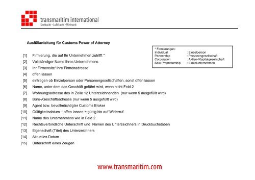 Ausfüllanleitung für Customs Power of Attorney [1] Firmierung, die ...