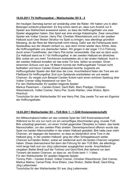 Wahlscheider SV – Alte Herren Spielberichte 2011